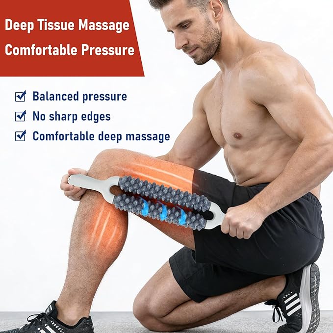 Muscle Roller Stick, Double Row Deep Tissue Massage Stick for Muscle Recovery, Portable Massage Roller for Legs, Calves & Back, Trigger Point Therapy for Athletes & Runners