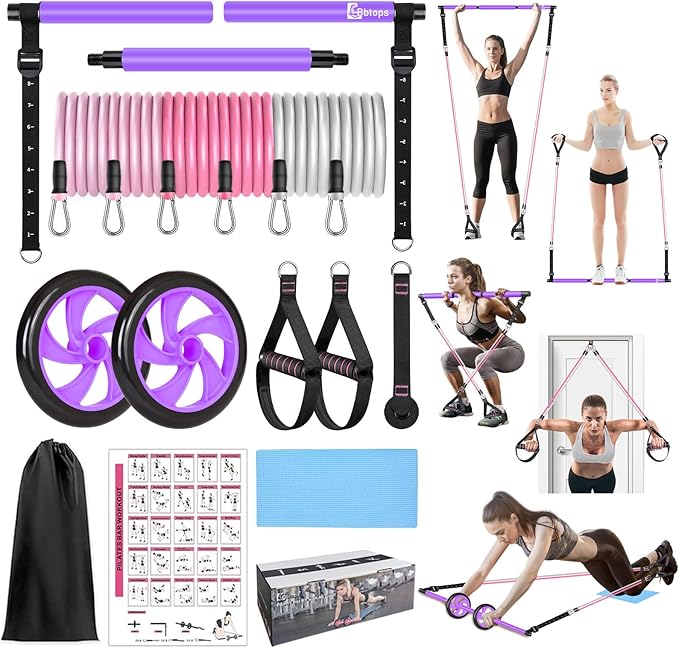 Pilates Bar Kit with Resistance Bands,Ab Roller,2 in 1 Foot Strap & Handle,Door Anchor Pilates Equipment with Resistance Bands, Portable Home Gym Yoga Fitness Bar for Women & Men