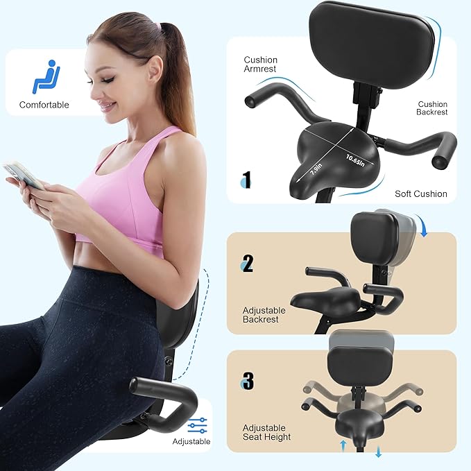 BARWING Stationary Exercise Bike for Home Workout, 5 IN 1 Foldable Indoor Cycling Bike for Seniors, 350LB Capacity, 16-Level Magnetic Resistance, Seat Backrest Adjustments