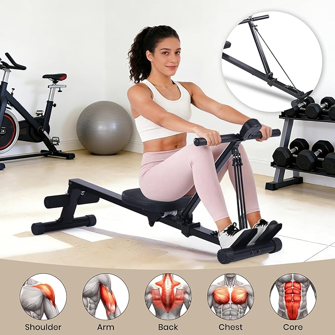 Rowing Machine for Home Use, Compact Rower Machine with LCD Display, 276 LB Capacity Heavy Duty Home Gym Equipment, Space-Saving Design, Perfect for Full Body Workout, Black