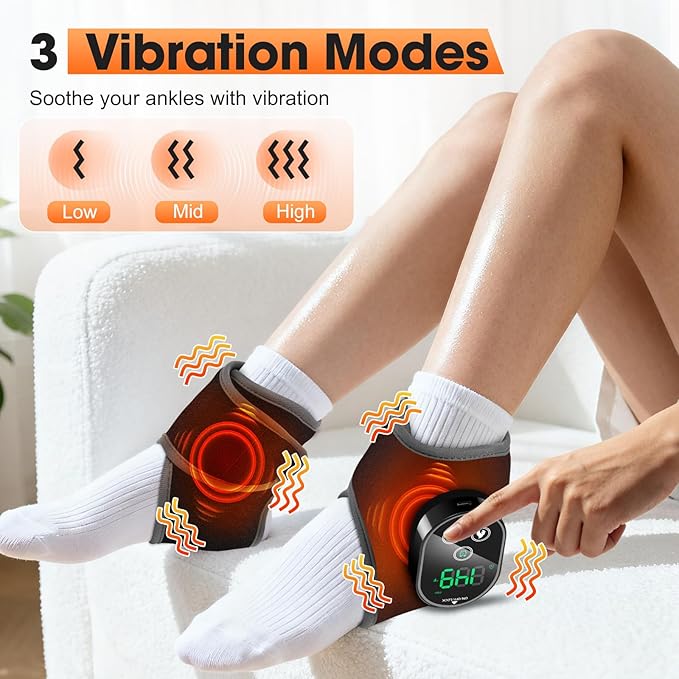 2PCS Cordless Ankle Heating Pads, Foot and Ankle Massager with Heat, Rechargeable Heated Foot Brace Wrap, 3 Vibration and 4 Heating Modes
