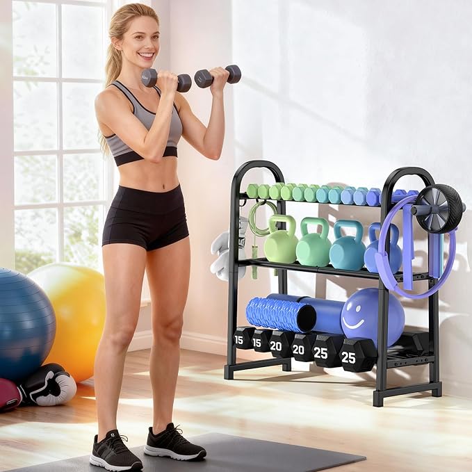3 Tier Dumbble Rack - 360LB Capacity Adjustable Dumbbell Storage Rack Space-Saving Home Gym Weight Rack For Dumbbells And Kettlebells With Hooks (Dumbbell Rack Stand Only)