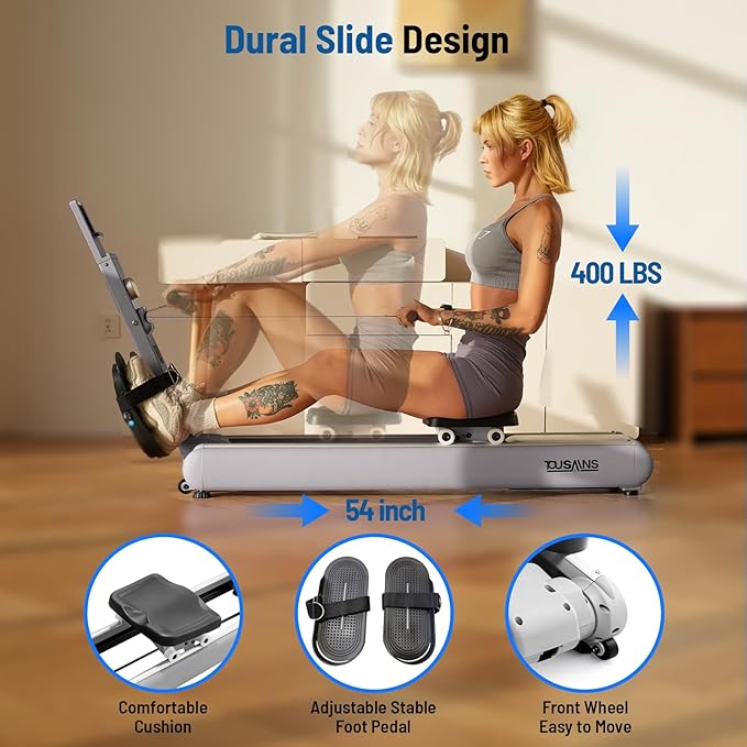 TOUSAINS Self-Powered Rowing Machine, Magnetic Folding Rowing Machine for Home with 32 Resistance Levels, Quiet Dual Rail Foldable Rower for Full Body Workout