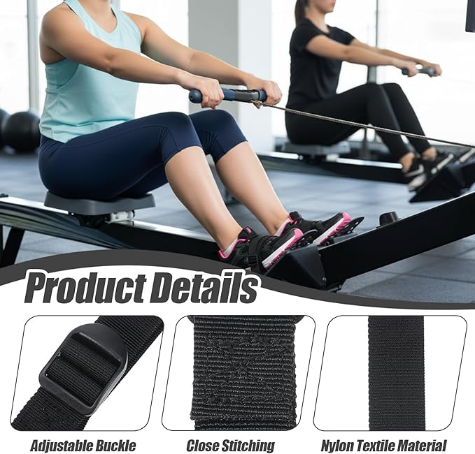 2Pcs Adjustable Rowing Machine Foot Straps, Fitness Foot Straps Replacement Parts for Rowing Machine Elliptical Under Desk Leg Exercise Machine Home Sports Office Accessories (Black)