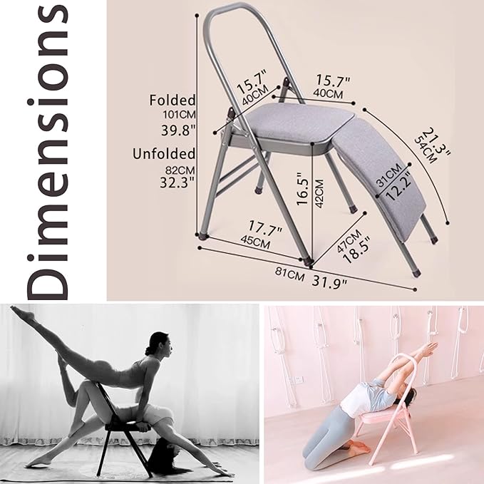 Foldable Yoga Auxiliary Chair for Adults Yoga Chair with Lumbar Support Metal Steel Frame 330 lbs Capacity YogaAuxiliaryChair for Balance Handstand Training Back Pain Relieving(Gray)