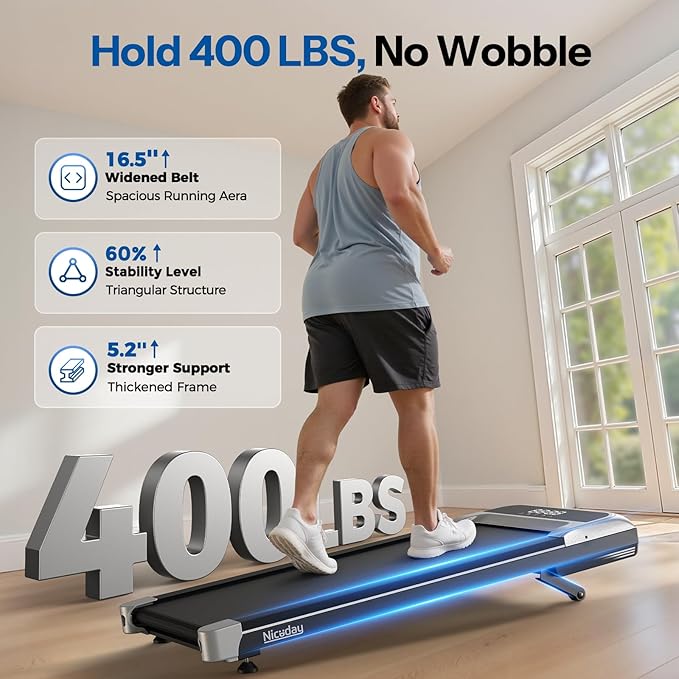 Niceday Walking Pad Treadmill with 10% Auto Incline, 400lbs Capacity, Under Desk Treadmill for Home Office, 16.5" Widened Running Belt, 3HP Super Quiet Brushless, Magnetic Remote & Preset Goals
