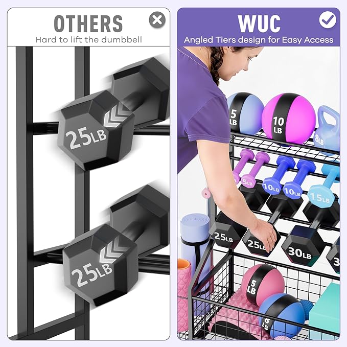 WUC Dumbbell Rack, Adjustable Weight Rack for Home Gym Storage, All-in-One Workout Storage Racks with Wheels and Hooks for Dumbbells, Kettlebells, Yoga Mats & Balls, Durable Powder Coated Steel, Black