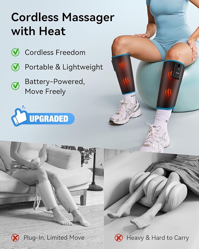 FIT KING Cordless Calf Massager with Heat & Compression – Rechargeable Leg Massager for Circulation, Edema, RLS & Pain Relief, 3 Heat Levels, 3 Modes & Intensities, Portable, Mom, Dad, Athlete Gift