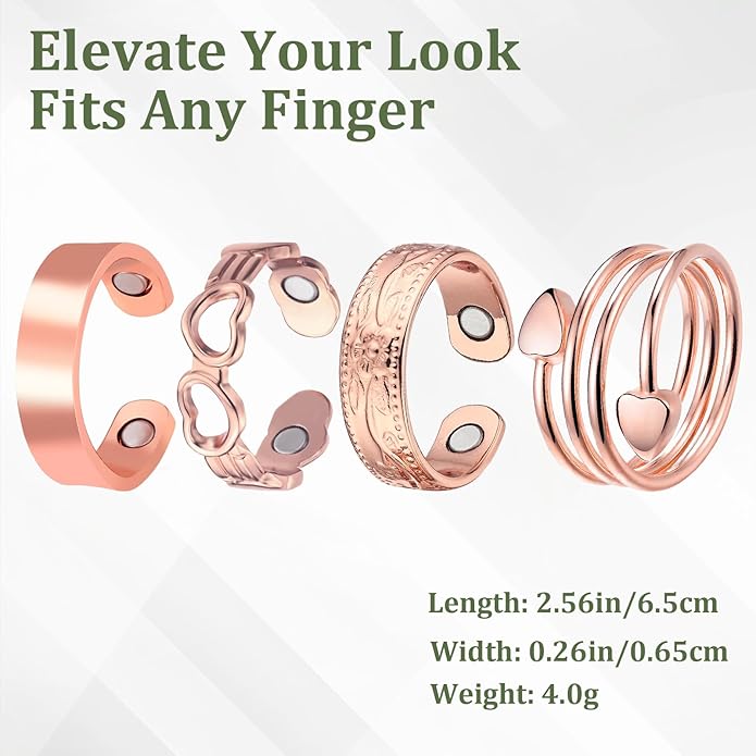 4PCS Copper for Women,99.99% Pure Copper Magnetic Thumb with Magnet,Lymphatic Jewelry Gifts for Womens(Vintage Floral & Heart Set) (Rose SET)