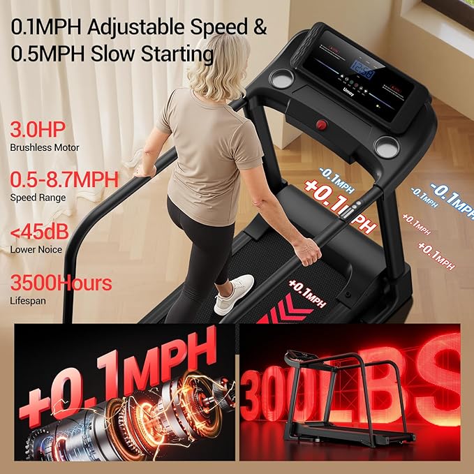 UMAY Fitness Rehab Treadmill with Extended Handrails & Belt for Safety & Balance, 0.1 Increment for Start & Stop, Pulse Sensors, Auto-Folding Home Recovery Treadmill, 300 LBS Capacity