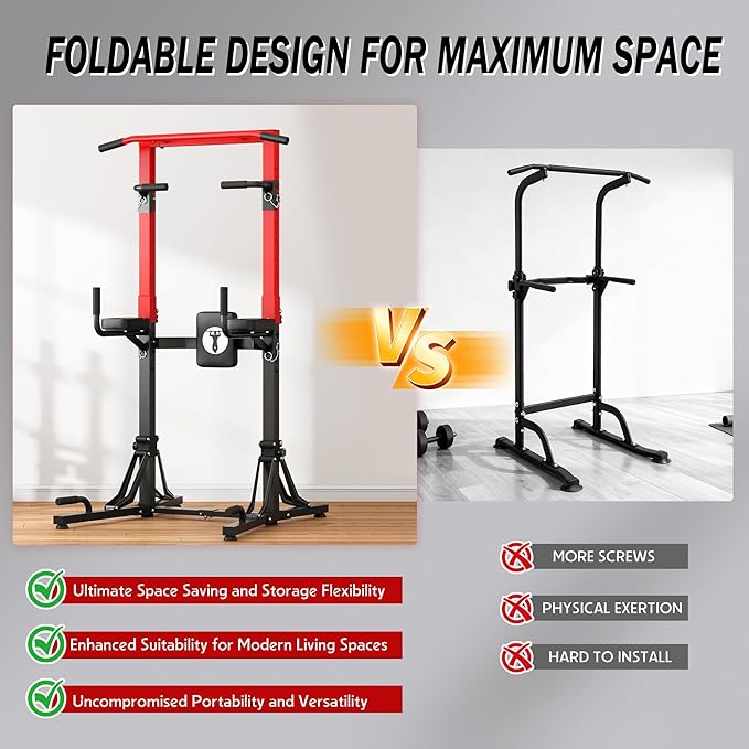 SogesHome Foldable Power Tower Pull Up Bar and Dip Stand, Height Adjustable Free Standing Strength Trainer Dip Station, Multifunctional Fitness Exercise Workout Pullup Station for Home Gym Equipment, Black Red