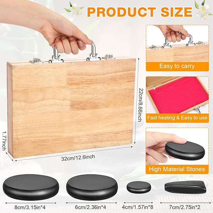 Hot Stones Massage Set 18 Pieces Basalt Hot Rocks Massage Rocks Kit Black Smooth Stones for Professional Home Spa Warming Relaxing Pain Relief, Constant 50°c (122°f)(Adjustable Temperature Wood Box)