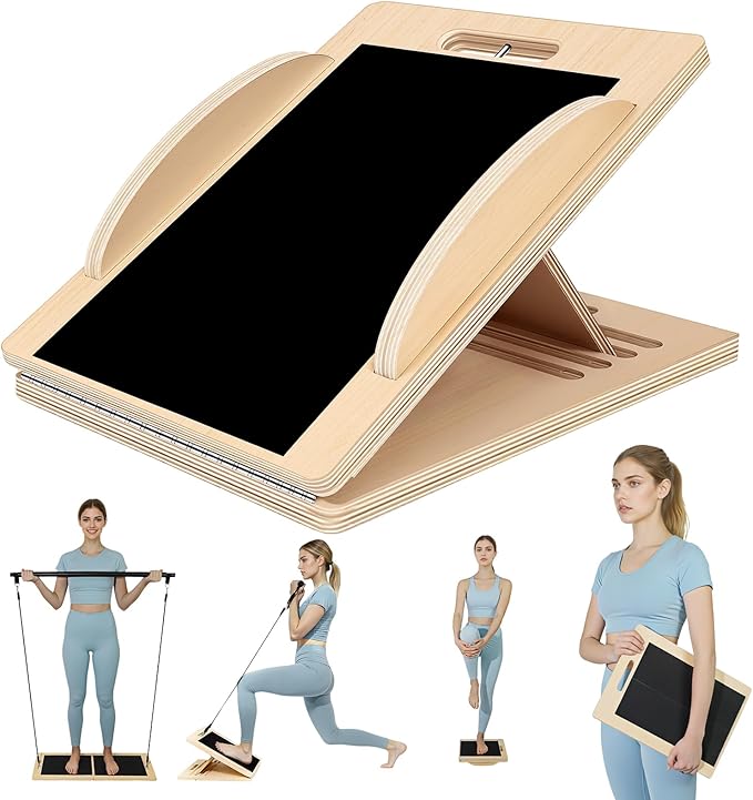 Versatile Wooden Slant Board, Convertible to Balance & Pilates Board, Adjustable Angles, Includes Full Pilates Kit, Supports Up to 360lbs, Calf Stretch, Squats, Knee, Ankle, Heel & Leg Training