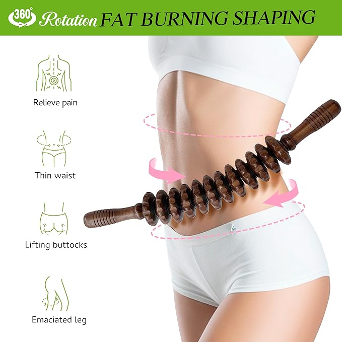 Wooden Curved Handheld Roller Massager Stick- 12 Rollers Wood Therapy Tool for Trigger Point, Fascia & Cellulite Reduction, Lymphatic Drainage, Muscle Tension Relief & Body Shaping (Brown)