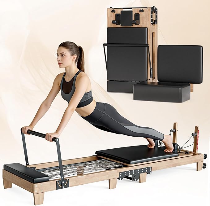 Pilates Reformer 92" Wooden Foldable Reformer Pilates Machine with Springs Pilates Equipment with Jump Board Box 6 Springs for Home Workouts Gym for All Level Users Up to 500 LBS