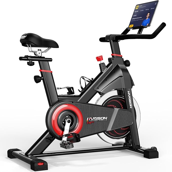 HARISON Exercise Bike, Magnetic Stationary Bike for Home, Quiet Dual-Belt Indoor Cycling Spin Bike, 380 lb Capacity, Adjustable Resistance, Push-to-Stop, 6-Level Handlebar, App Compatible