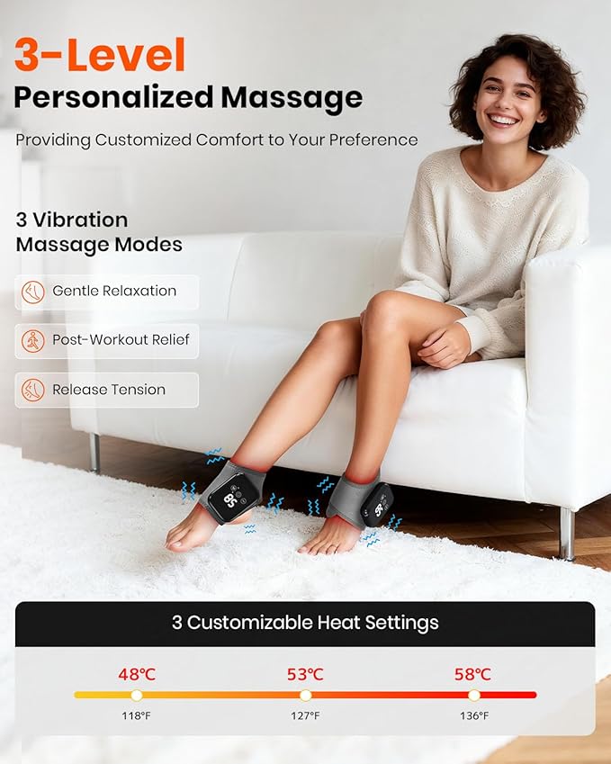 Foot Renew Massager for Neuropathy, 3-in-1 Cordless & Portable Foot and Ankle Massager for Heel, Arch & Ankle Relief, 3-Level Vibration & Heat, Ideal Gift, Includes Extension Strap (Gray 2pcs)