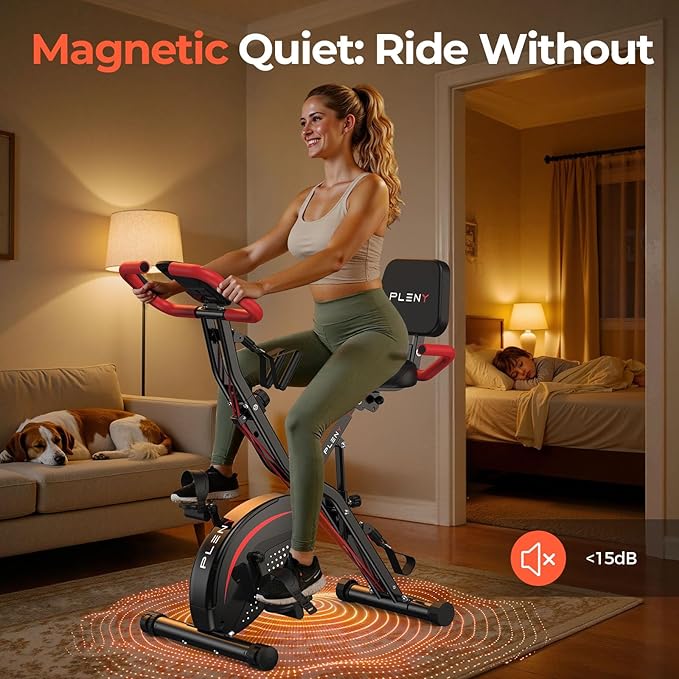 Pleny Folding Exercise Bike, 5 IN 1 Stationary Bikes for Home 6.6 LBS Flywheel, 330LB Weight Capacity Back Support Cushion Indoor Workout Cycling Bike for Home Gym
