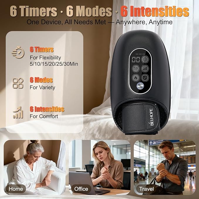 Hand Massager with Heat and Compression, Hand Massage for Arthritis and Carpal Tunnel Relief, 6 Intensities with Wrist Massager and Kneading Massage Nodes, Mother's Day Gifts for Men Women