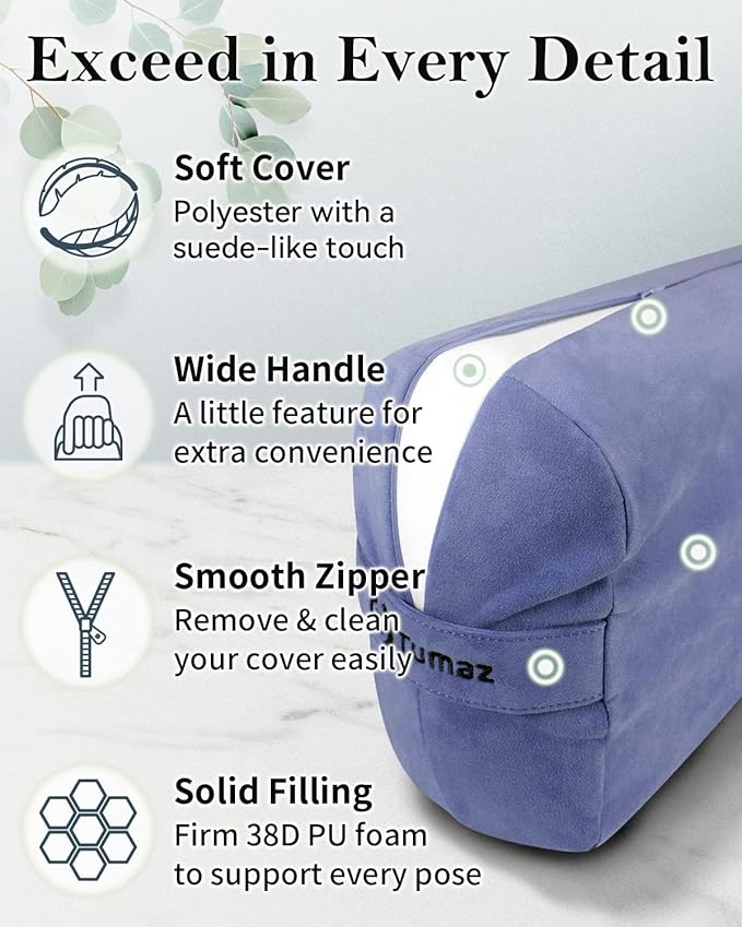 Tumaz Yoga Bolster Set - Rectangular Bolster Pillow for Restorative Yoga, Soft Meditation Pillow with Carry Handle and 8-Feet Strap, Machine Washable Cover