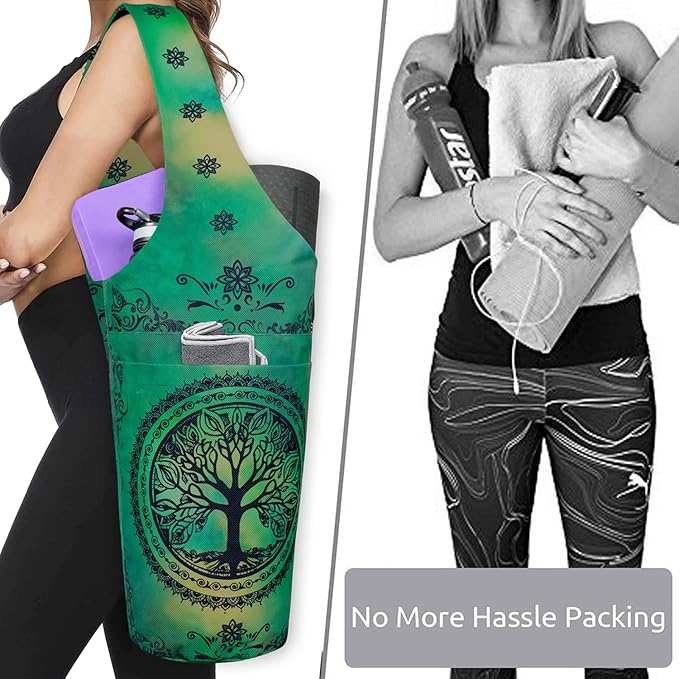 Fashion Printed Yoga Mat Bag with Large Side Pocket & Zipper Pocket Long Tote Yoga Bag Fit Most Size Mats - Holds More Yoga Accessories
