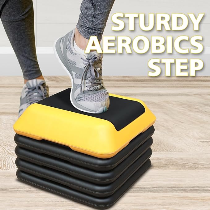 Height-Adjustable Step Aerobics Platform Fitness Equipment Stepper Trainer Exercise Step Platform with 4 Riser Yellow Plastic Yellow Adjustable Height Riser Home Gym Essential