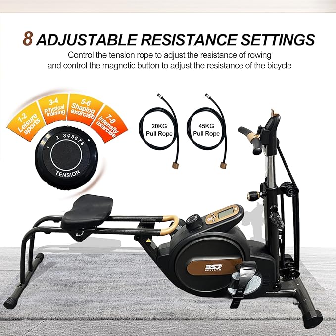 Rowing Machine, 3 in 1 Rower with 6-Level Adjustable Height & 8-Level Resistance, Dual Slide Rail System, Supports Up to 350 lbs, Row Machine for Home Exercise
