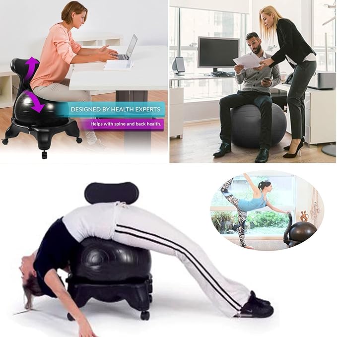 Balance Yoga Ball Chair, Adjustable Active Sitting Exercise Ball Chair, Spine Support, Ergonomic Comfort Office Chair for Prolonged Sitting, Lockable Wheels