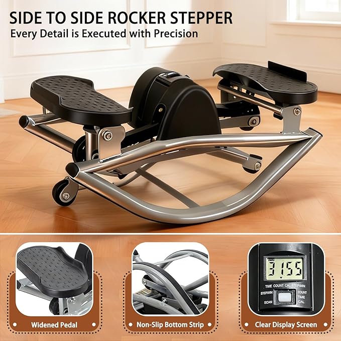 Rock Stepper with Display Screen, Lateral Rocking Fitness Stepper with Band and Non-Slip Mat, Home Mini Exercise Steppers for Legs, Glutes, Abs, Capacity 220Ib