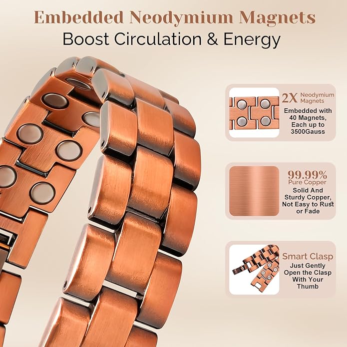JEROOT Men's 99.99% Pure Copper Magnetic Bracelet, 3500 Gauss Magnets Adjustable with Sizing Tool