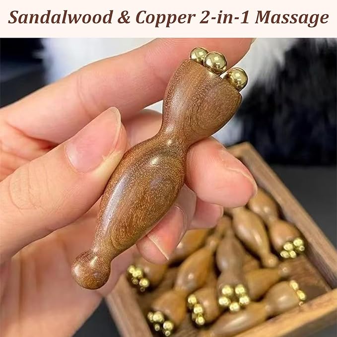 Facial Massage Tool Set 2pcs Sandalwood Eye Massager with 5 Copper Beads Wooden Facial Massage Tools Gua Sha Eye Massager Tool for Face Acupressure Head Massage Wood Therapy Manual Massage Tool