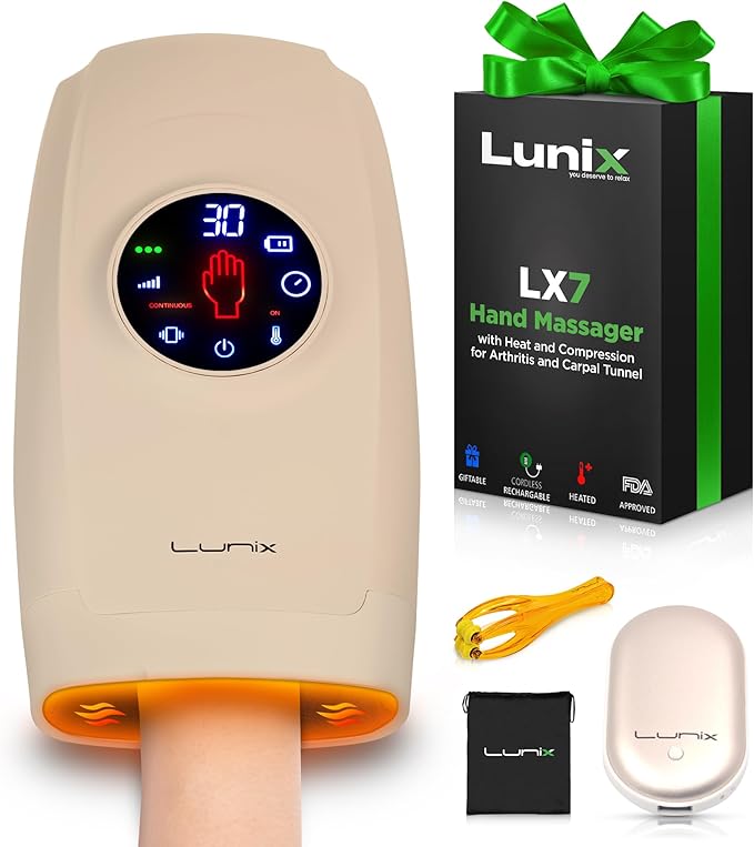 Lunix LX7 LCD Touchscreen Hand Massager, Heated Air Compression, for Arthritis & Carpal Tunnel Relief, Finger Numbness & Wrist Pain Relief, Cordless Rechargeable, Sand Beige