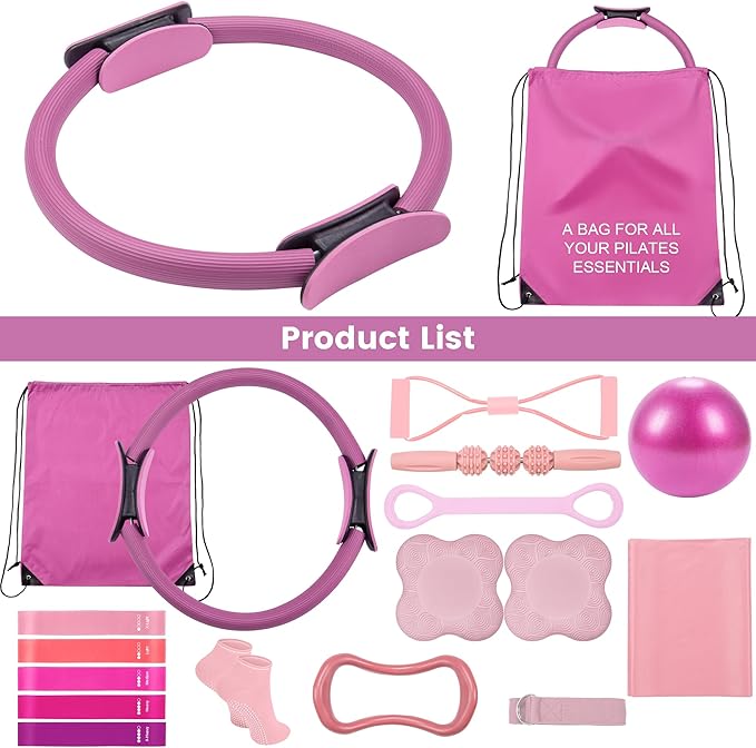 Pilates Ring Circle Fitness Set 17 pcs Equipment Accessories Workouts Includes Pilates Ball Magic Circle Yoga Ring Knee Pads and Resistance Bands for Women Set Gift for Women Weight Loss