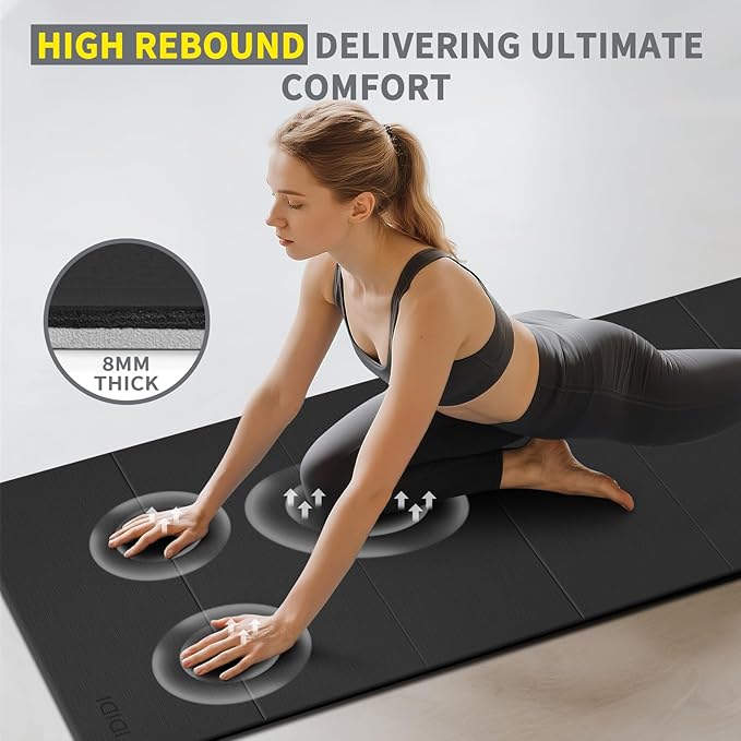 Foldable Yoga Mat Extra Thick & Large (74" x 31.5" x 0.32"), Double-Sided Non Slip & Lightweight Fitness Mat, 8mm Thick Wide Exercise Mats for Woman Man Kids, Portable Workout Mats for Travel, Studio or Home Use
