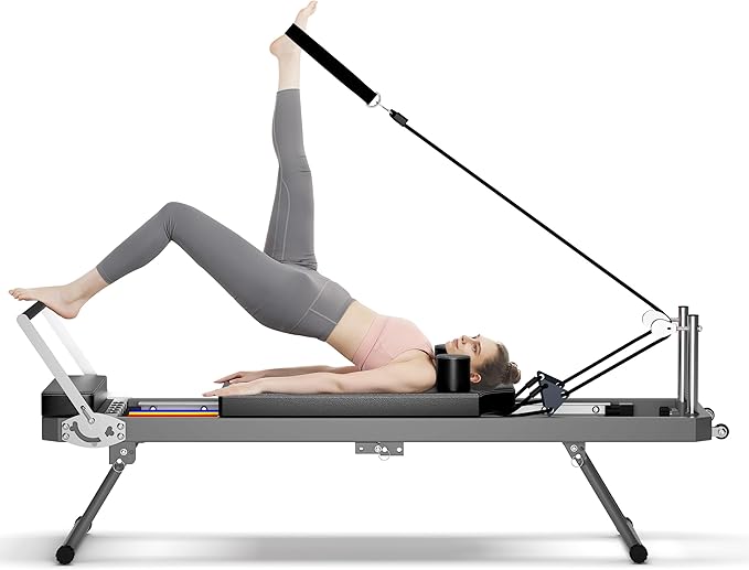 Pilates Reformer Machine for Home Gym, Foldable Pilates Machine Equipment with High Strength Alloy Springs for All Level Users, Up to 330lbs