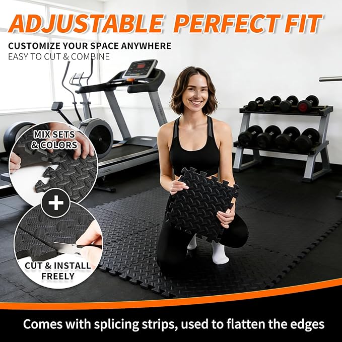 18 Pack Interlocking Gym Flooring Mats for Home Gym, 0.4 Inch Thick Non-Slip EVA Foam Puzzle Exercise Tiles with Edge Strips, Shock Absorption for Workout, Yoga, Treadmill, Garage, Basement