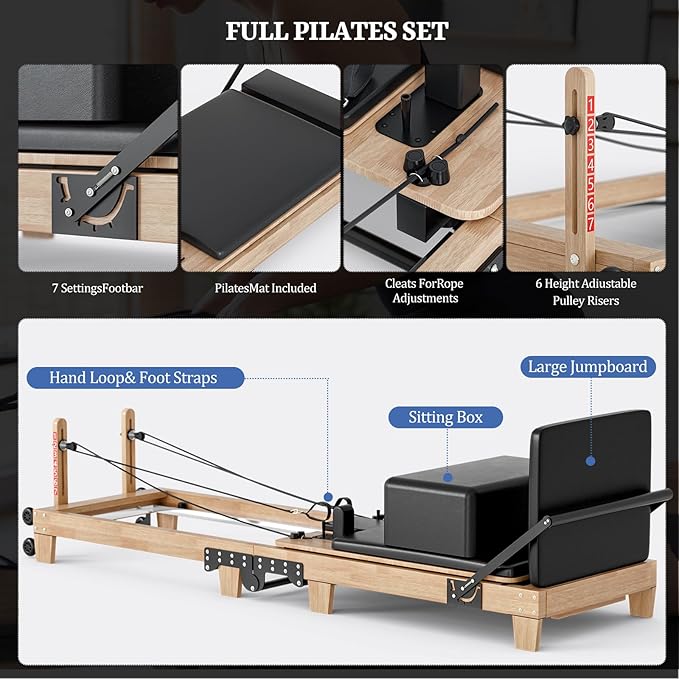 Pilates Reformer 92" Wooden Foldable Reformer Pilates Machine with Springs Pilates Equipment with Jump Board Box 6 Springs for Home Workouts Gym for All Level Users Up to 500 LBS