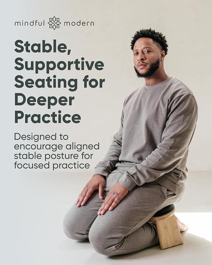 Mindful Modern Folding Meditation Bench - Bamboo Kneeling Stool w/Locking Magnetic Hinges - Prayer Kneeler Seiza Chair w/Soft Pillow & Travel Bag