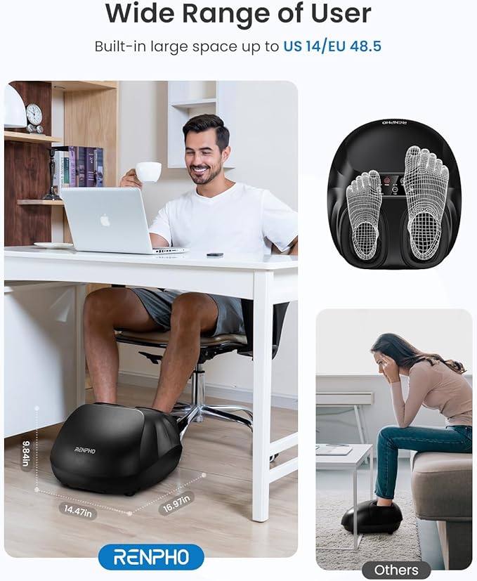 RENPHO Foot Massager Machine with Heat [2026 Upgraded], Shiatsu Foot Massager for Neuropathy, Plantar Fasciitis Massager for Men Women, Up to Size 14, FSA Eligible HSA Store Eligible Massager, Black