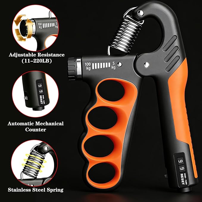 Hand Gripper Strengthener, 11-220LBs Adjustable Resistance Grip Strength Trainer with Counter, Forearm Exerciser for Injury Recovery and Muscle Building