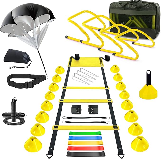 Agility Training Equipment, Football Training Equipment Includes 20FT Agility Ladder,4 Adjustable Agility Hurdles, 12 Football Cones, Parachute, for Training Soccer Basketball Athletes