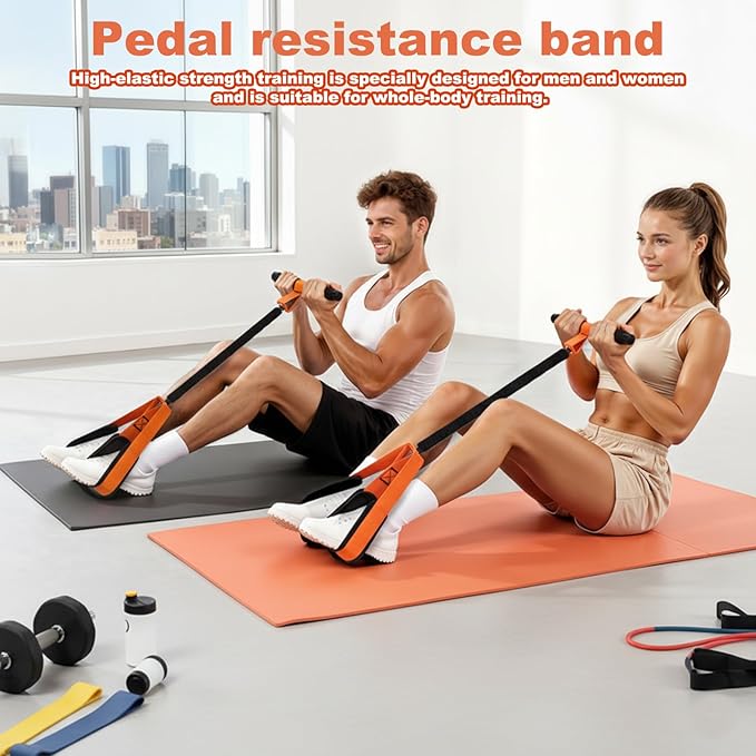 Pedal Resistance Band with Handle, Orange Resistance Bands for Working Out, Full-Body Resistance Training Equipment for Home Fitness, Exercise Band with Handles for Legs and Arms