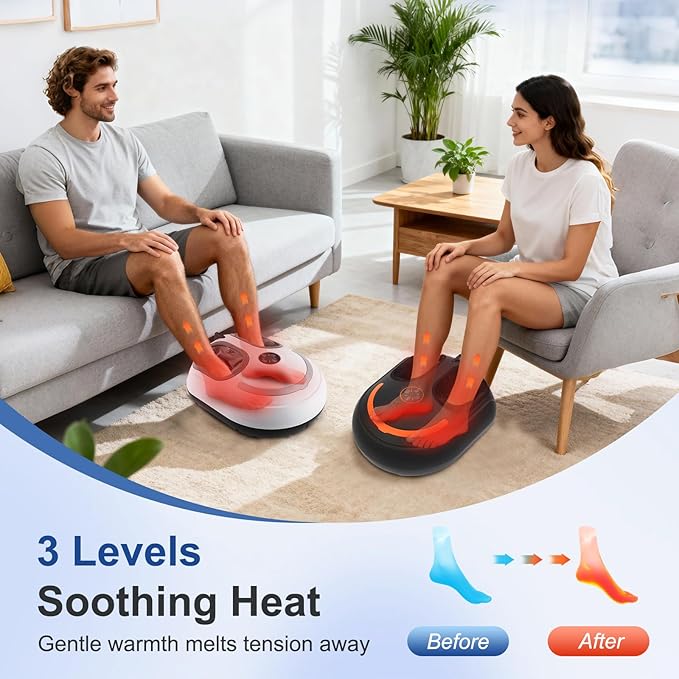 Foot Massager with Heat Shiatsu Feet Massage Machine Deep Kneading Relief for Plantar Fasciitis Air Compression 3 Heat Levels, Relax for Home Office Use, Christmas Gifts for Women Mom Dad White