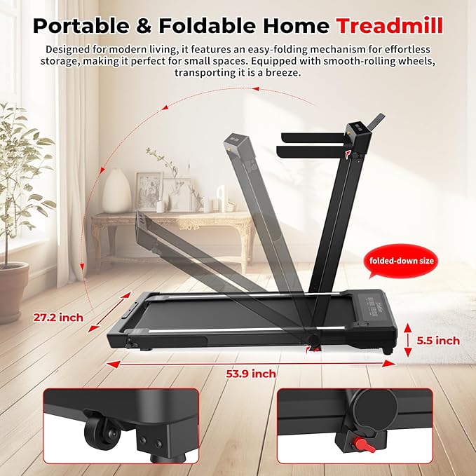 SubSun Foldable Treadmill for Home, Portable Walking Pad with Handle, Manuall/Auto/No Incline, 2.5HP Treadmill with 265 Lbs, Black/White