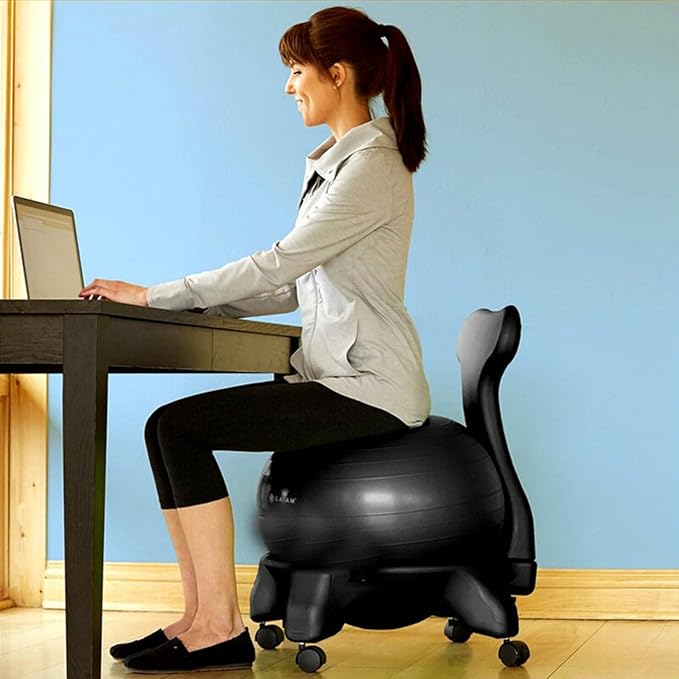 Office Balance Ball Chair, Stability Posture Ball Chair for Sitting at Desk/Restless Legs Relief Adults - with Wheels/Back/Foot Pump, Ergonomic Exercise Ball Chair Stand