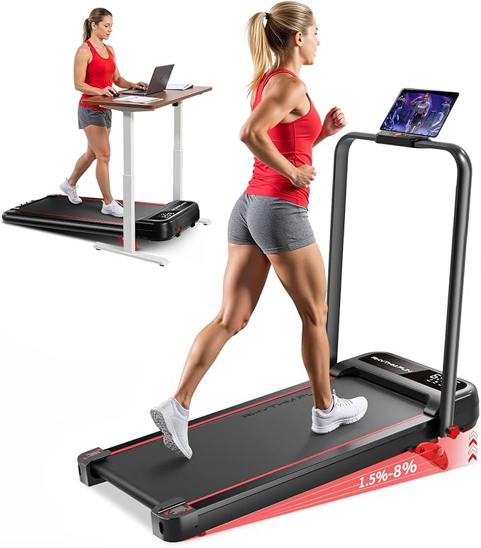 RHYTHM FUN Treadmill with Incline, Walking Pad with Handle Bar,300lbs Walking Pad with APP, Portable Folding Walking Treadmills for Home/Office with Low Noise