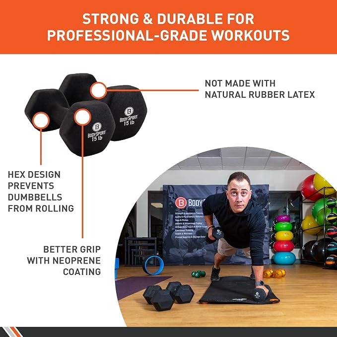Body Sport Neoprene Dumbbell Weight - Latex-Free, Strength Training Equipment for Home Fitness & Gym Workouts