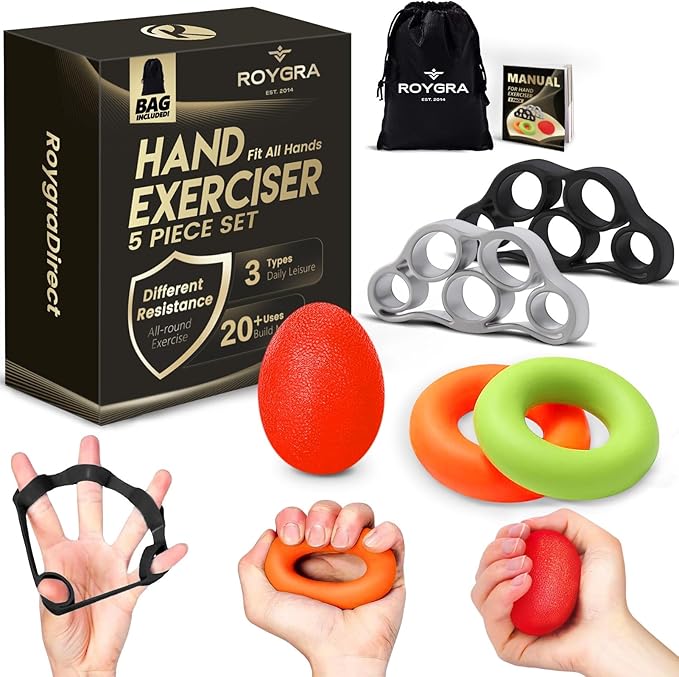 roygra Grip Strength Trainer (5 Pack), Forearm Strengthener, Stress Balls for Adults, Hand Strengthening Devices, Wrist Finger Strengthener, Physical Therapy Exercise Equipment, Golf Baseball Climbing