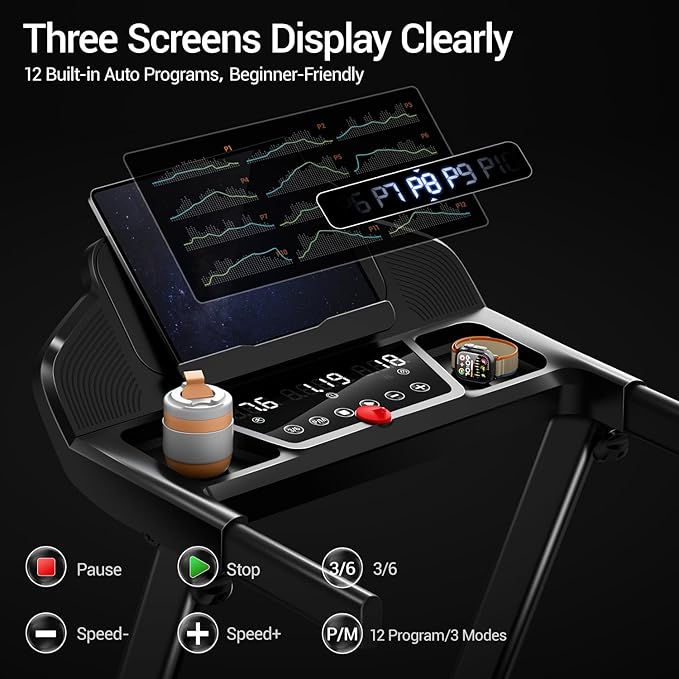 14% Treadmills for Home with Handle, 3 in 1 Portable Treadmill with Incline, Foldable Treadmill with Three Screen, 12 Preset Programs, 400LBS