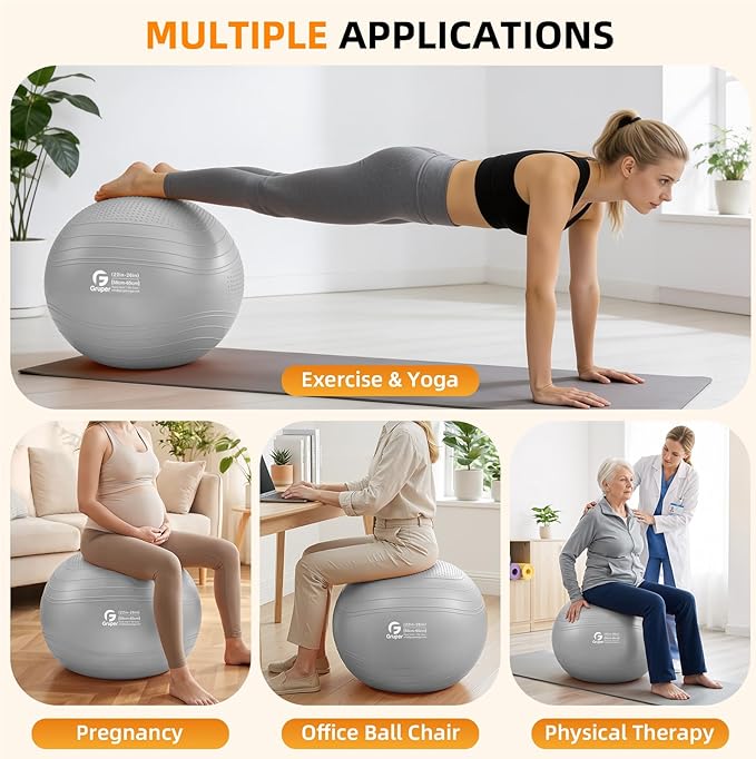 Gruper Yoga Ball, Extra Thick Non Slip Exercise Ball for Workout, Birthing, Balance, Stability, Pregnancy, 4 Sizes Anti Burst Chair for Home and Office, Includes Quick Pump & Fitness Guide
